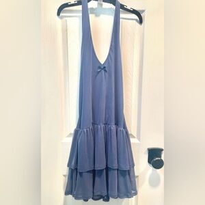 Cute Blue V-Neck Sleeveless Tiered Dress